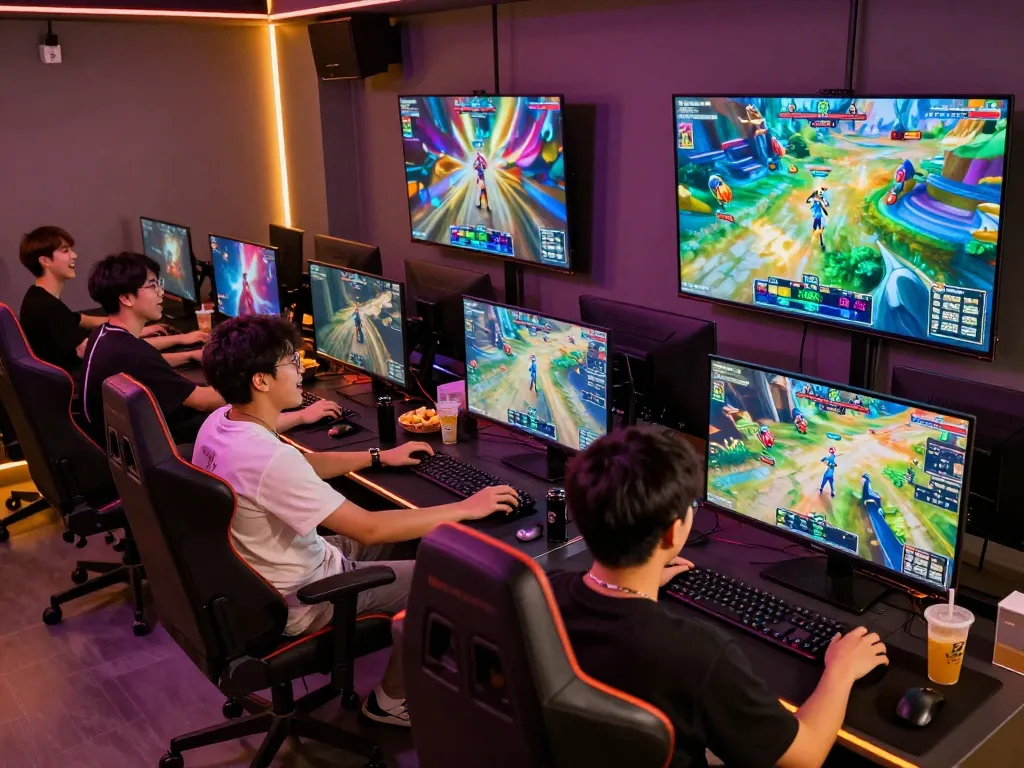 Exciting gaming lounge scene featuring players engaged in autowin88 online games amidst dynamic LED lighting.