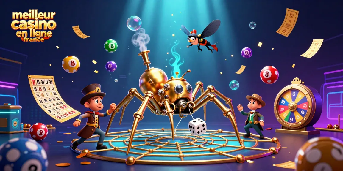Illustration 3D de l'univers du meilleur casino en ligne France avec une araignée steampunk et des éléments de jeu.