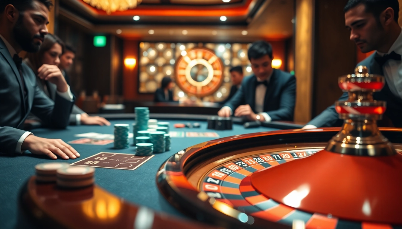 Action-packed gambling scene showcasing 7m cn ma cao with poker chips and a roulette wheel in a luxurious casino setting.