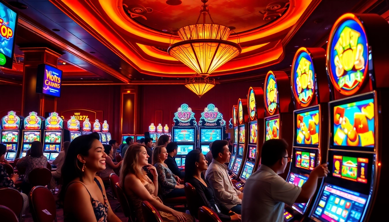 Players enjoying a thrilling experience at engaging slot machines in a luxurious casino environment.