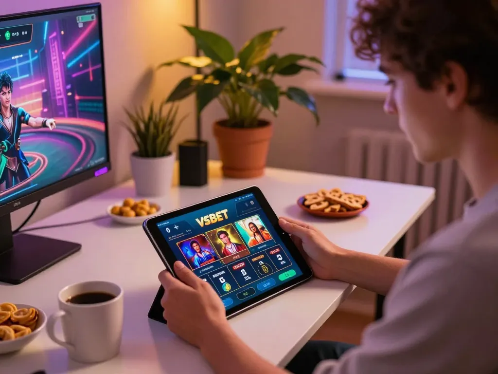 Engaging in strategic gameplay on Vsbet's mobile casino interface during a cozy home gaming session.