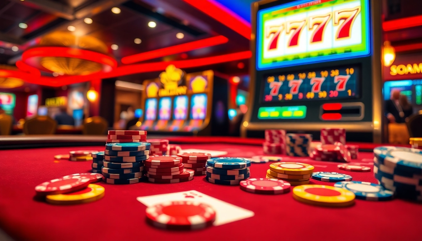 Experience thrilling gameplay at a vibrant casino with seven77 symbols and colorful poker chips.