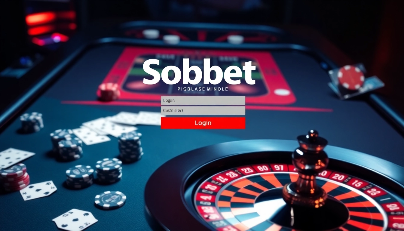 Experience sbobet login in a vibrant online casino scene with poker chips and roulette.