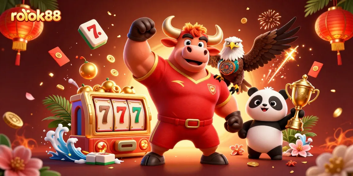 Engage with rokok88 and experience dynamic casino action featuring a cheerful panda, muscular bull, and eagle.