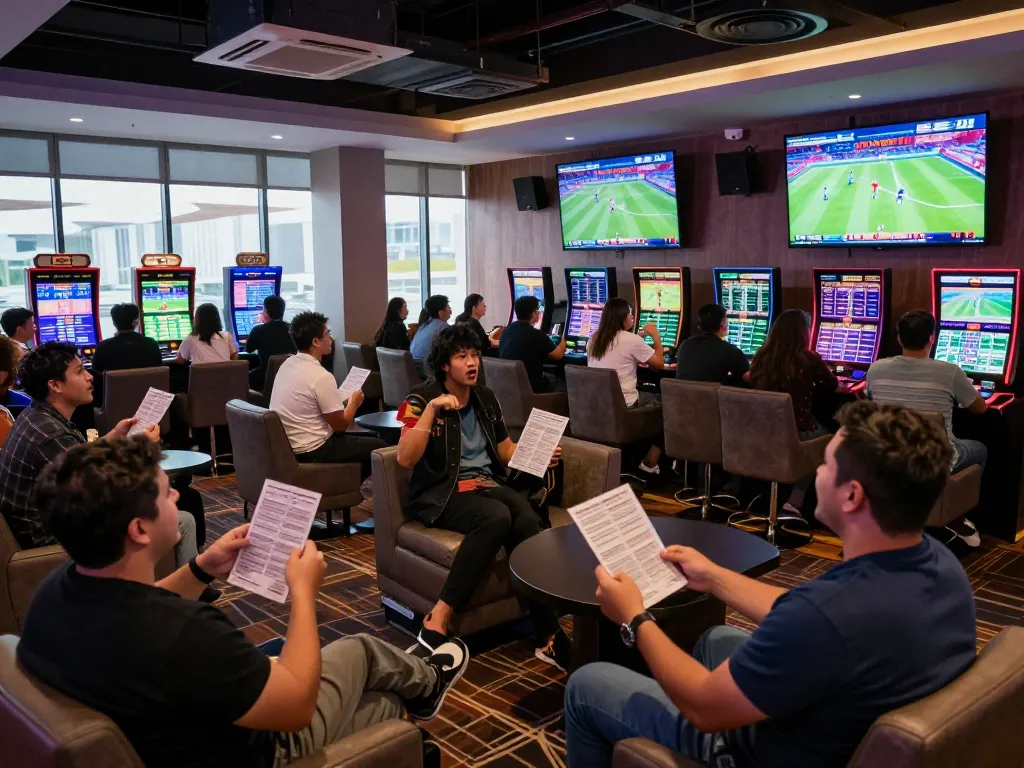 Manclub members celebrating a winning sports bet in a lively casino lounge.