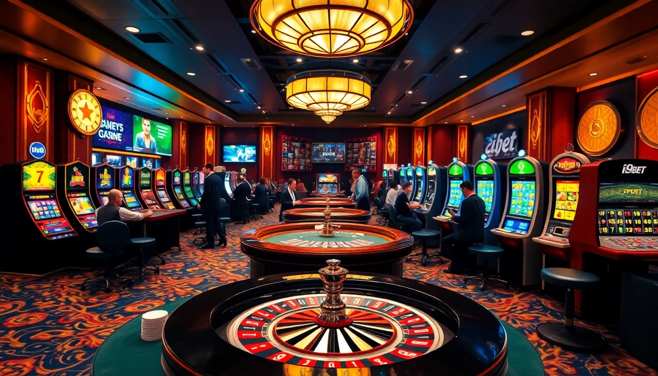 An exciting casino scene showcasing i9bet com with poker tables, roulette wheels, and players enjoying various games.