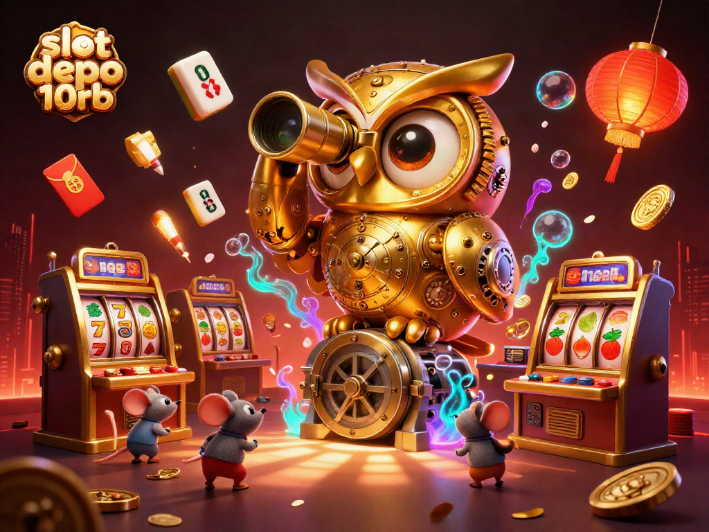 Engage in thrilling gameplay actions with slot depo 10rb while watching a golden owl oversee a vibrant casino.