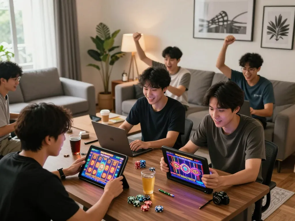 BAYITOTO Bandar Toto Online Terbaik dengan Pembayaran Cepat featuring excited players enjoying various slot games in a cozy gaming environment.