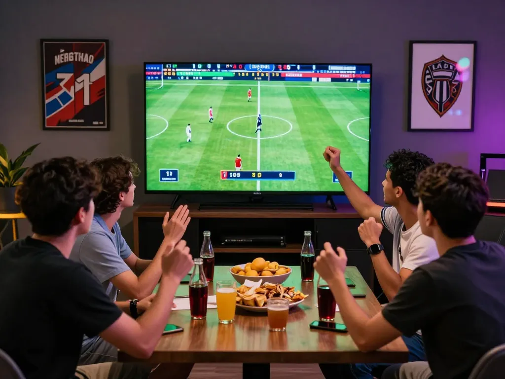 Friends enjoying a lively sports betting atmosphere while engaging with Thể thao hubet88.