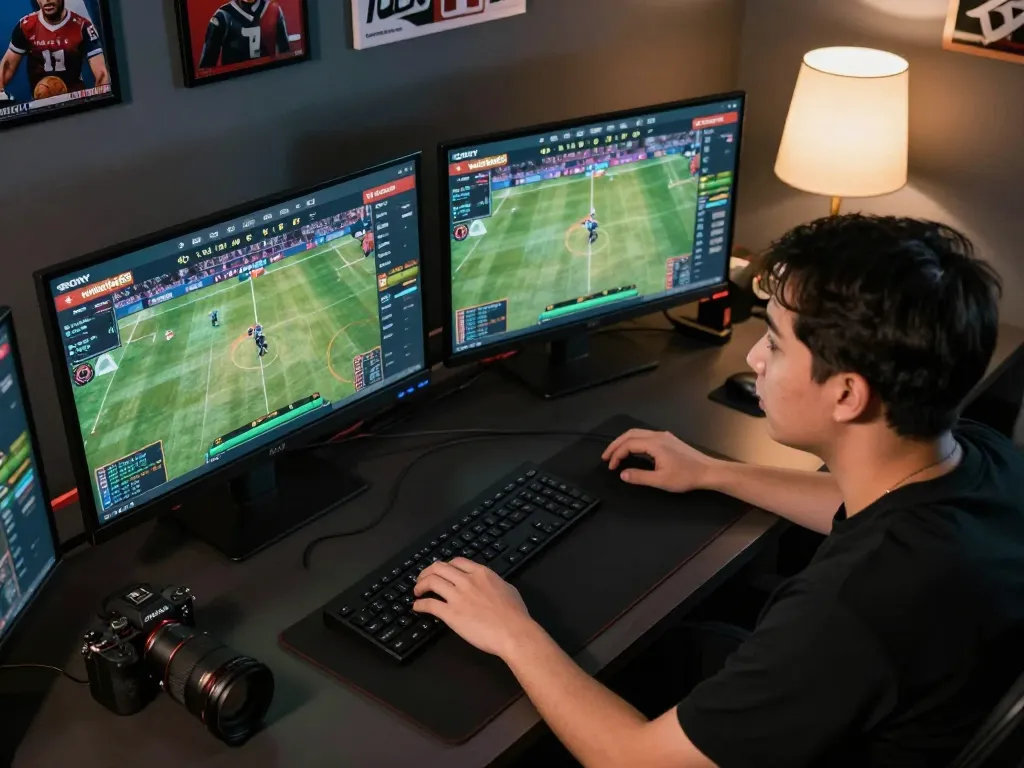 Gambler exploring winstrike69 betting options on multiple screens, capturing an intense sports betting moment