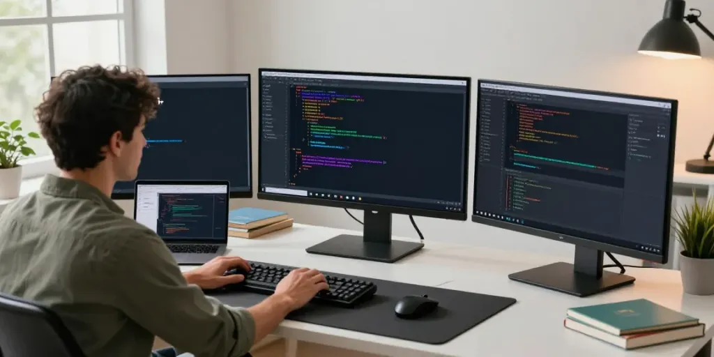 Developer using Notepad++ in a modern workspace with dual monitors and coding tools.