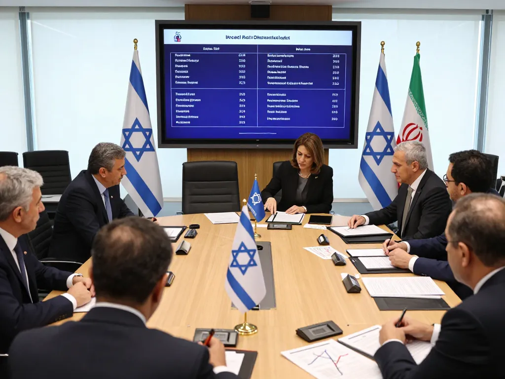 Diplomatic meeting addressing Israel Iran tensions with officials discussing conflict negotiations.