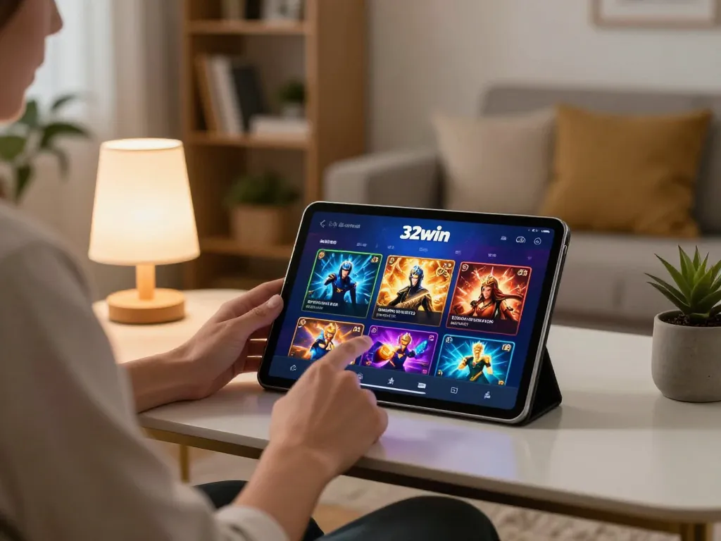 Person exploring the 32win casino app on a tablet in a cozy home setting, emphasizing online gambling