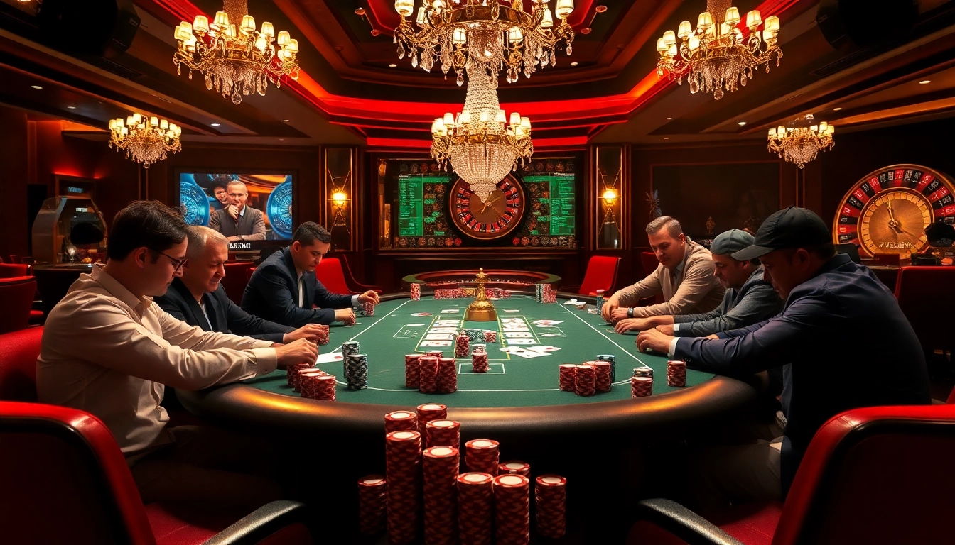 Pemain yang terlibat dalam permainan poker yang intens di meja kasino mewah, menunjukkan kegembiraan dan strategi.