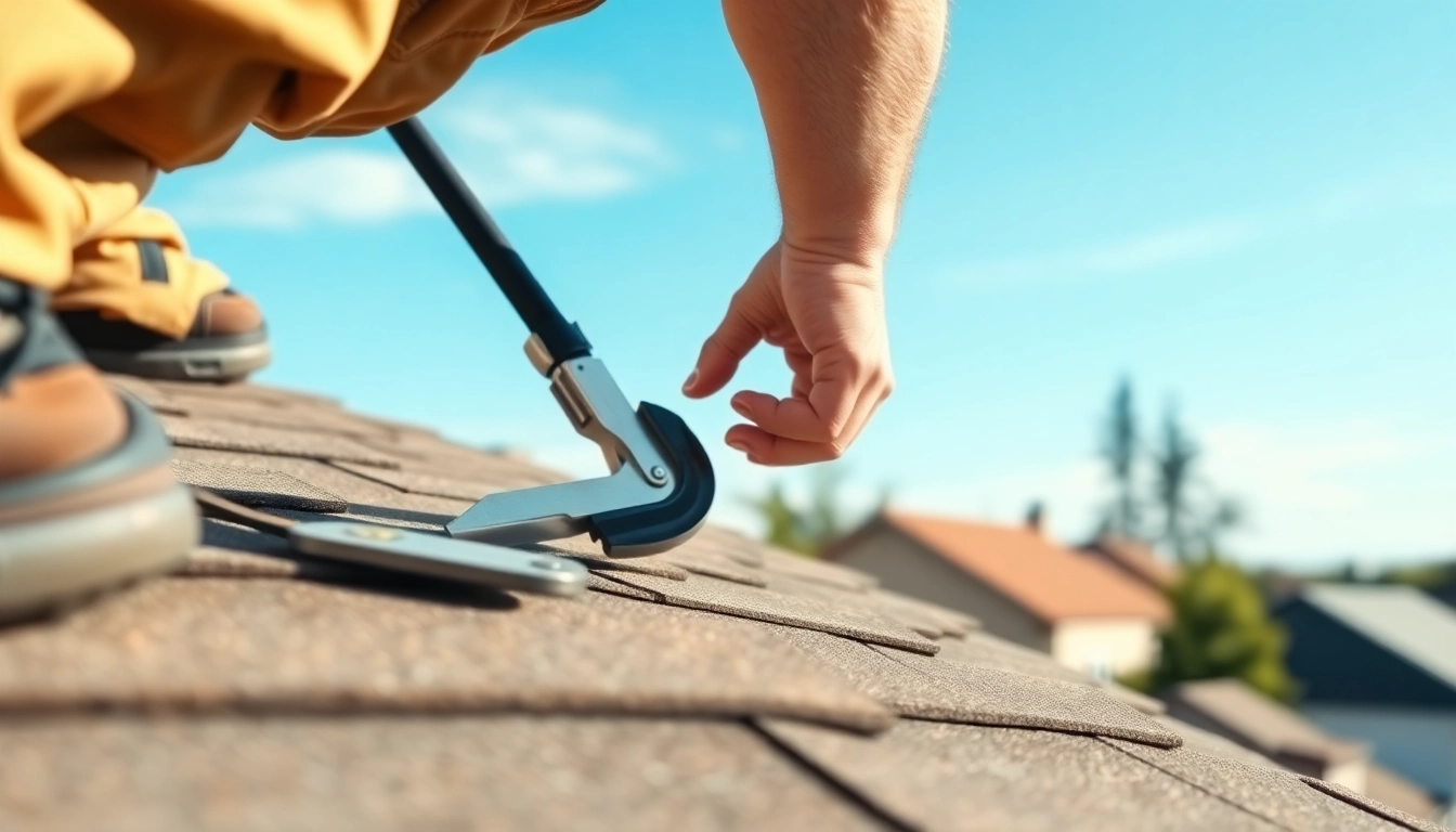 Engaging roof repair expert inspecting shingles for roof repair in a residential neighborhood.