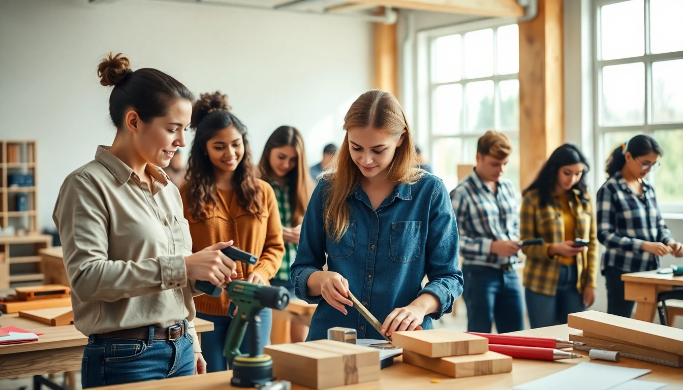 Students engaged in construction education workshop, learning hands-on techniques under professional guidance.