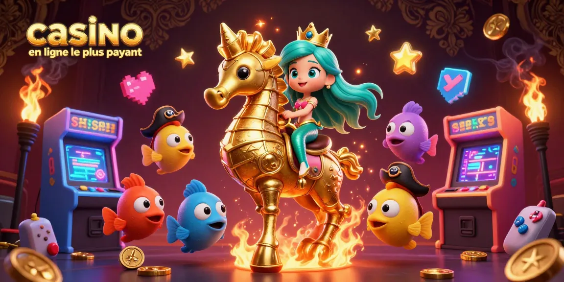 Découverte du casino en ligne le plus payant avec une princesse sirène sur un hippocampe doré, entourée de poissons colorés et de machines à sous animées.