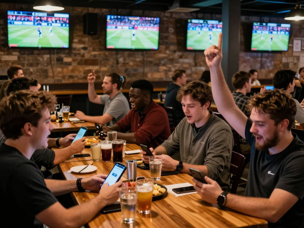 Okwintv patrons actively engage in sports betting while cheering on live events in a vibrant bar setting