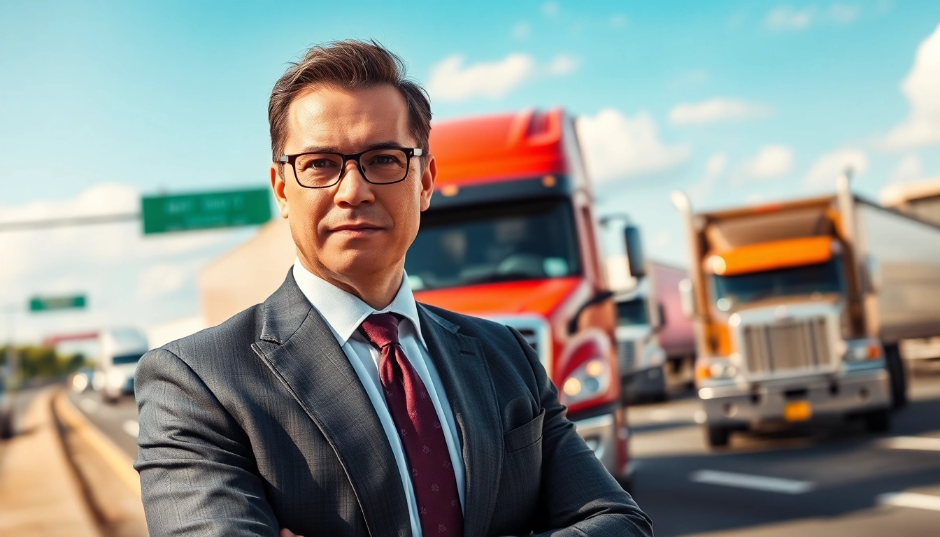 Clearwater truck accident attorney consulting with a truck driver amidst busy traffic, showcasing professionalism.