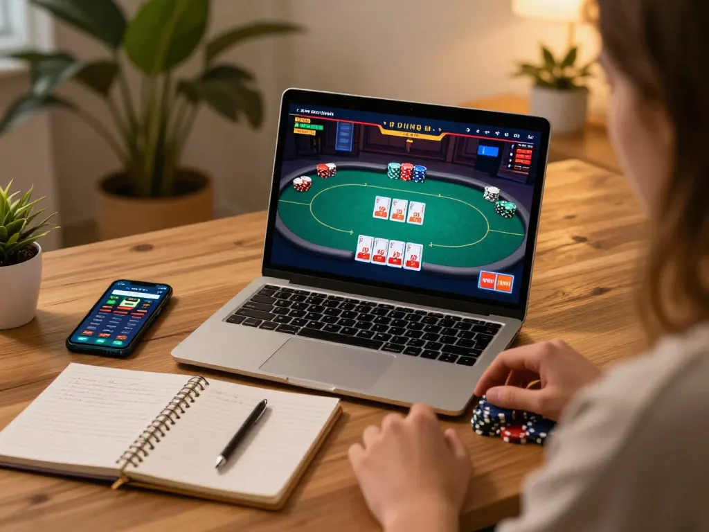 Player engaging in online poker with 56 WIN strategies in a cozy home setting, showcasing responsible gaming.