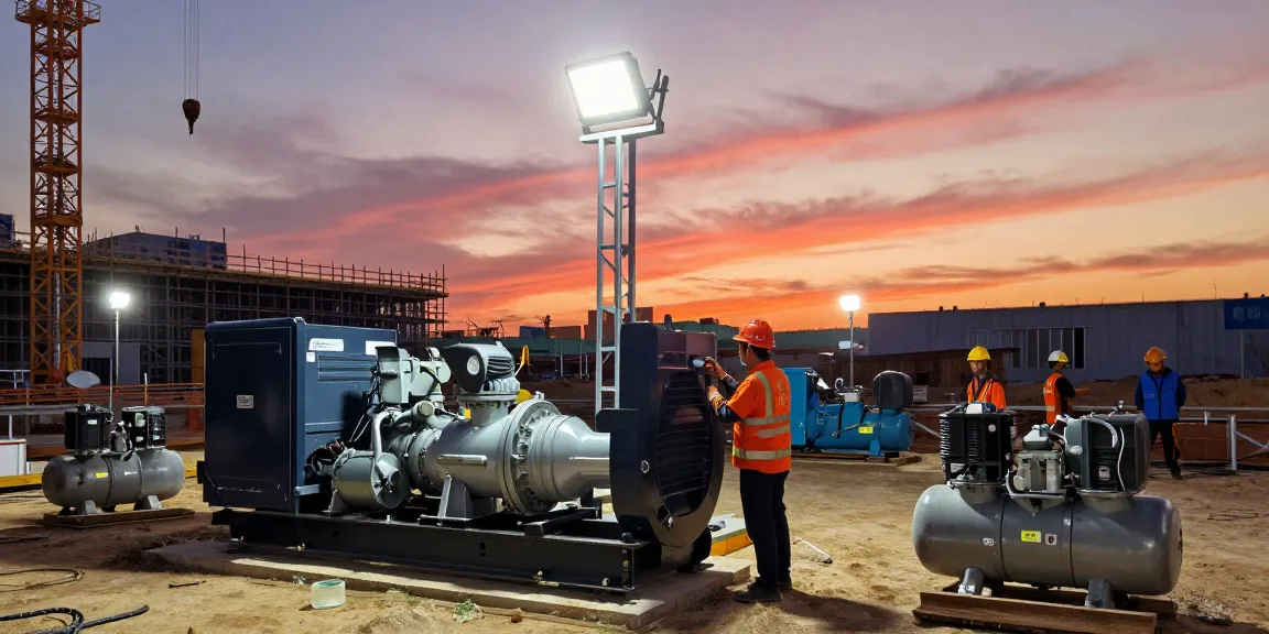 Gas generator powering construction site with portable air compressors and hybrid lighting towers at dusk, showcasing efficient energy solutions.