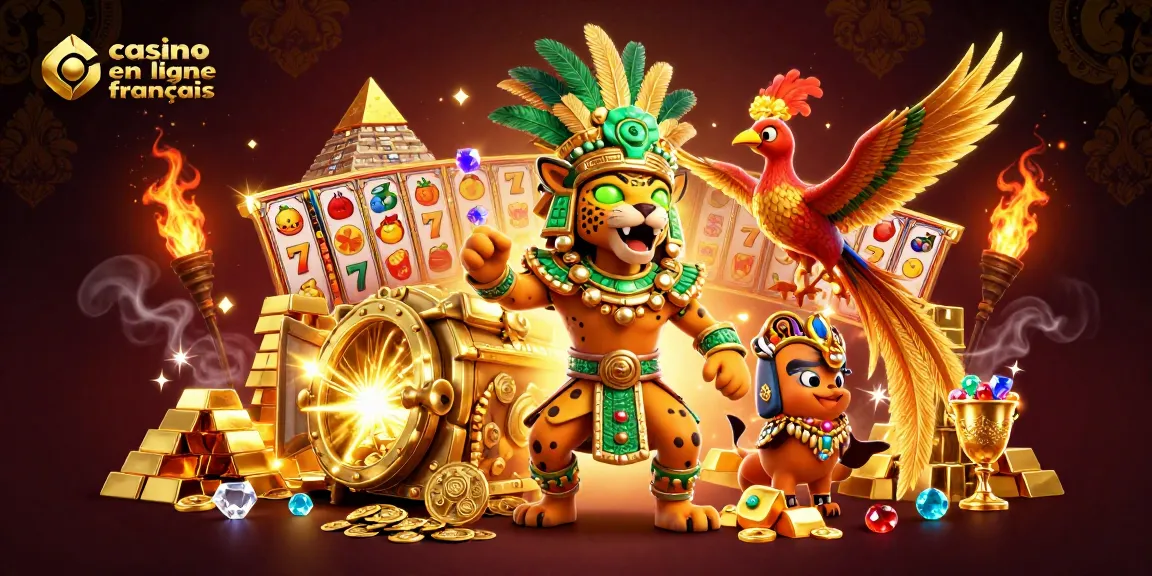 Illustration d'un casino en ligne français avec des personnages mayas et des éléments de jeu de machines à sous.