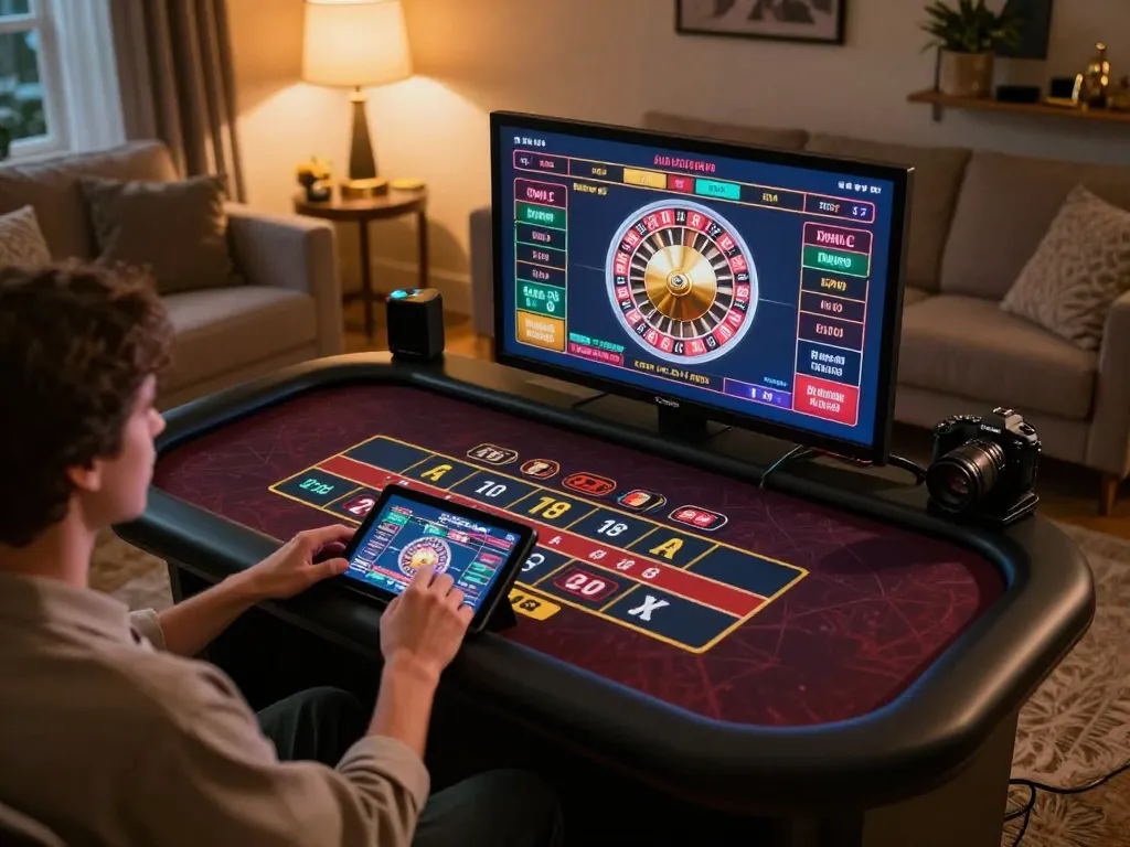 Engaging in live dealer games at home with BK8 tablet setup, vibrant atmosphere, comfortable setting.