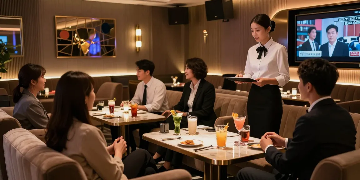 고객들이 편안하게 대화하고 있는 gugudanlounge.com/의 고급스러운 가라오케 라운지 모습