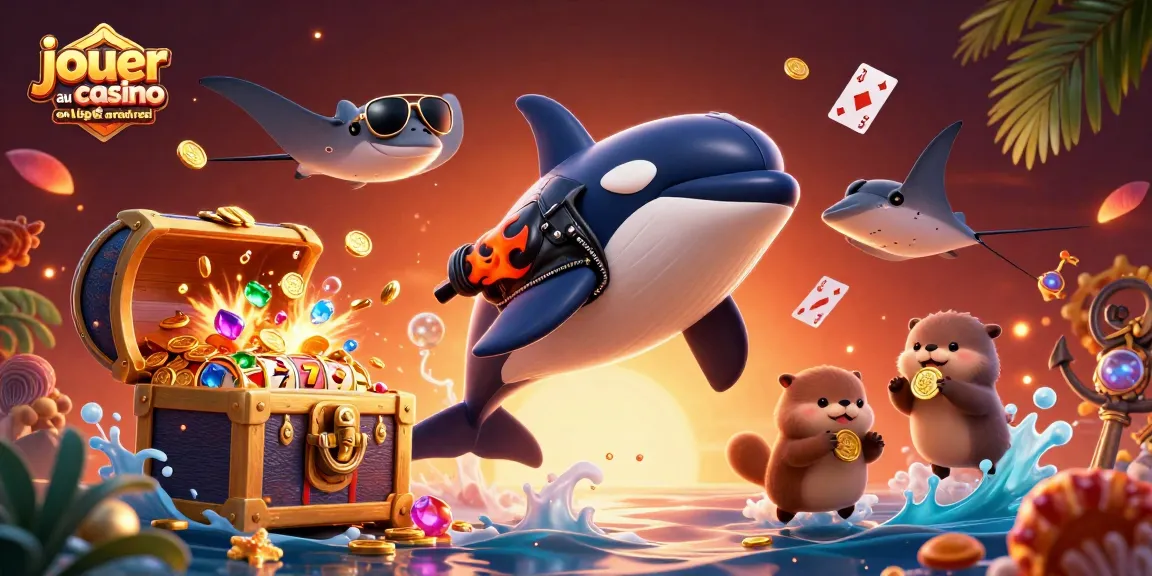 Jouer au casino en ligne argent réel avec une scène animée d'une orque et de raies, remplie de pièces d'or et de jeux.