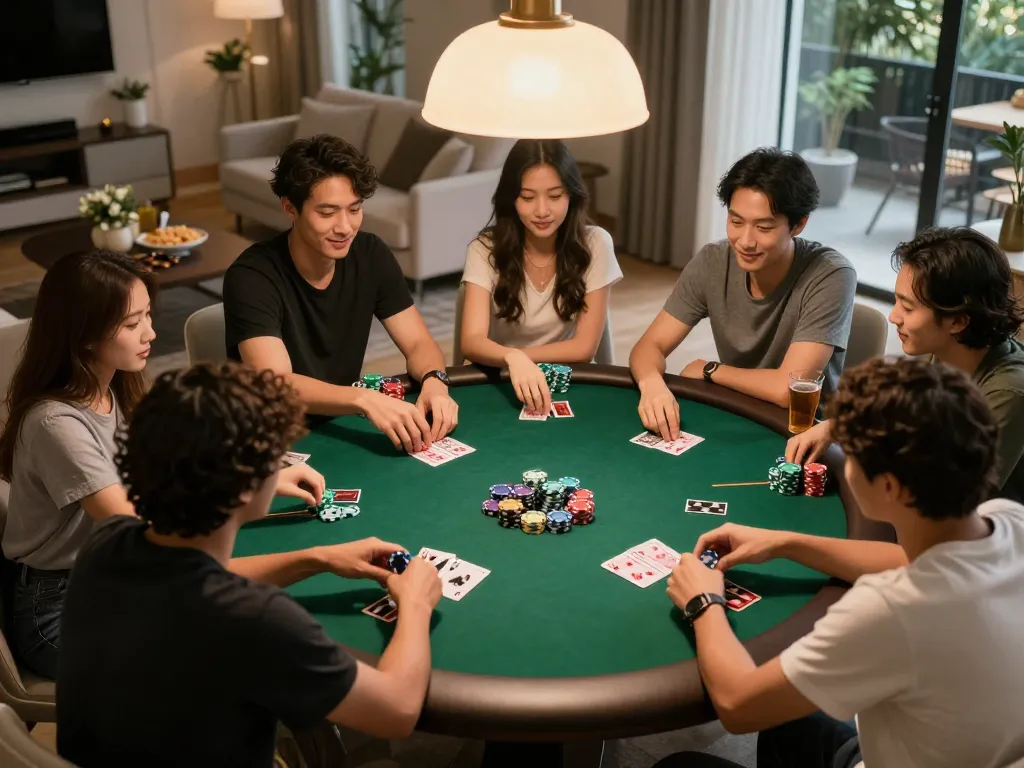EE88 players enjoying a lively poker night with friends, showcasing chips and cards in action.