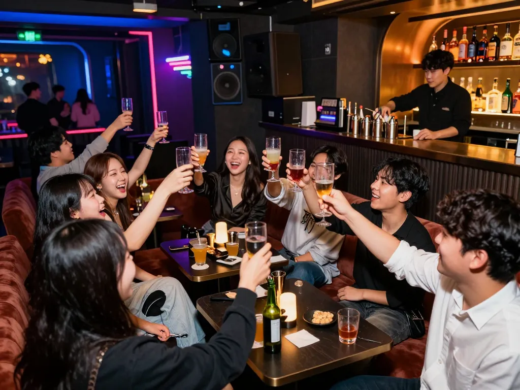 서구청쓰리노에서 생동감 넘치는 분위기를 즐기는 손님들, 개인 룸과 활기찬 조명을 보여줍니다.