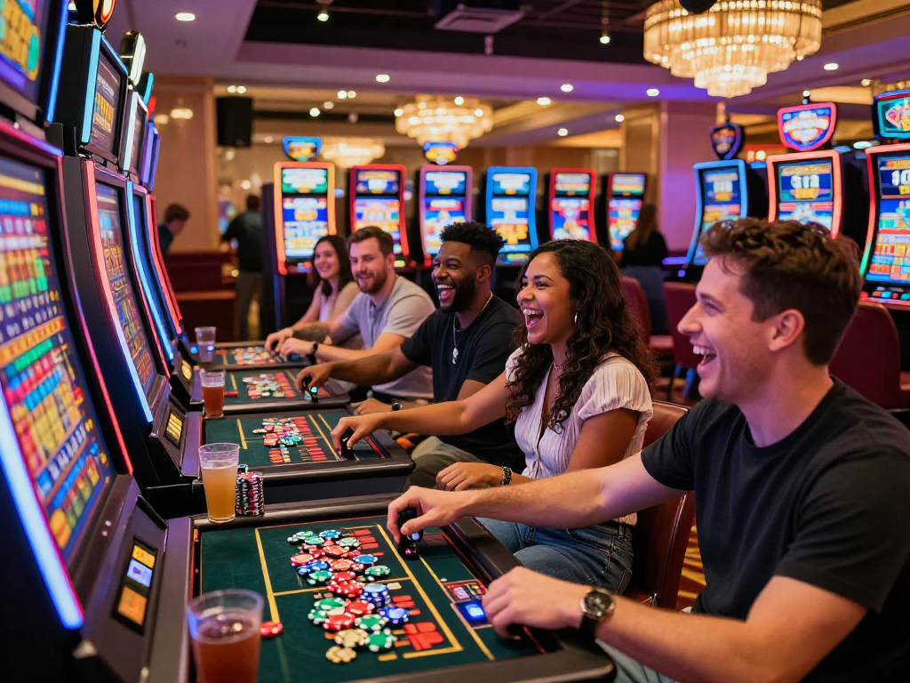 Pemain bersemangat di area mesin slot CR777, menunggu jackpot besar dengan suasana ceria dan cahaya berwarna-warni.