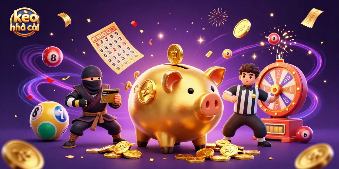 Engaging scene illustrating kèo nhà cái with a golden piggy bank wrestler, ninja, and referee in a vibrant casino