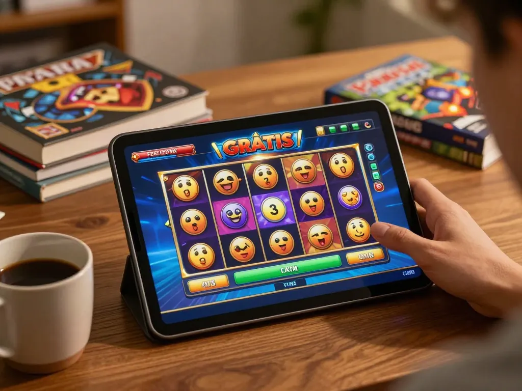 Engaging online gaming moment exploring slot gratis on a tablet with colorful visuals in a cozy setting.