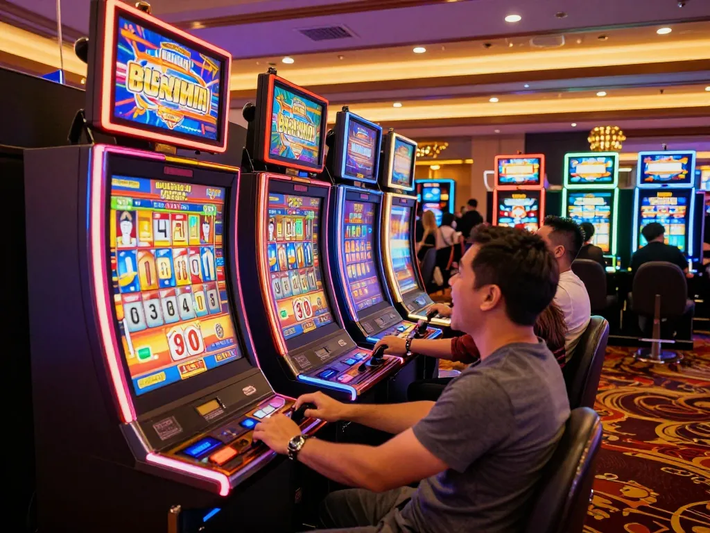 Players enjoying slot gacor machines with colorful reels spinning in a lively casino atmosphere.