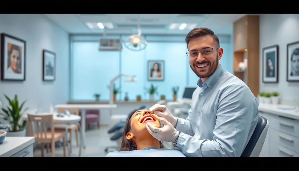 Dentist examining a patient's teeth in a bright modern clinic environment.