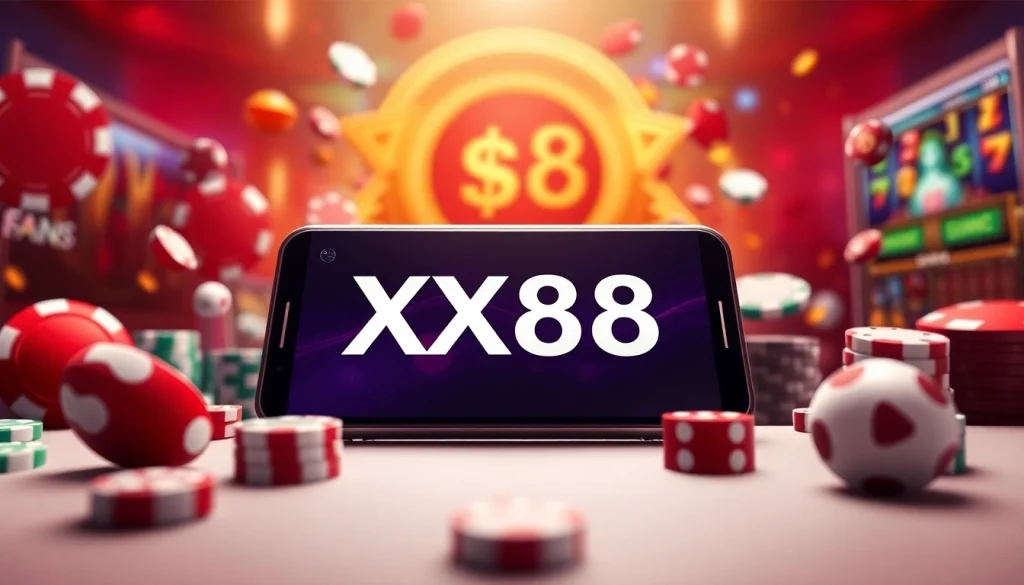 Experience the excitement of XX88's engaging mobile gambling platform with vibrant casino graphics.