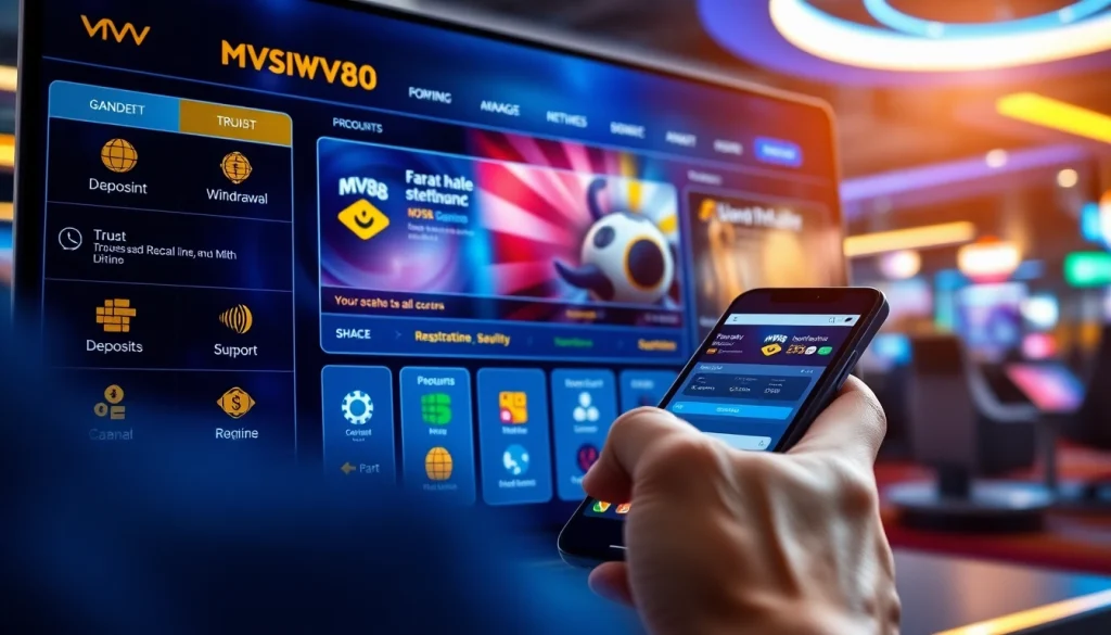 MV88 online gaming platform interface showcasing secure deposits, withdrawals, and customer support.