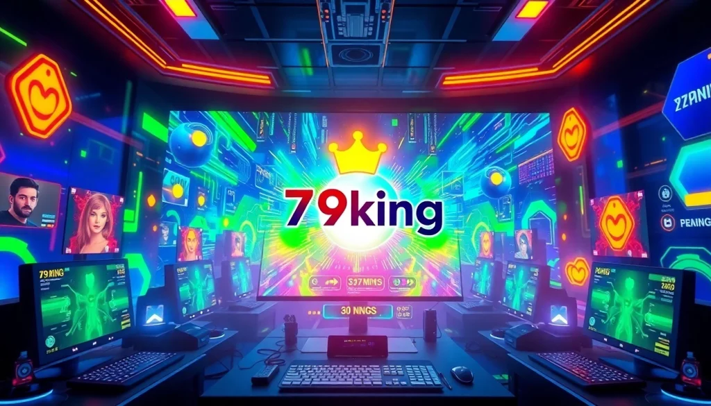 79king gaming logo showcased in a vibrant digital environment filled with avatars and points.