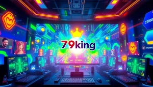 79king gaming logo showcased in a vibrant digital environment filled with avatars and points.