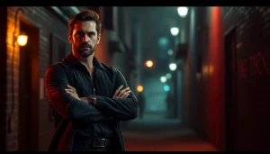Hero in tense standoff, embodying traits like Jack Reacher in dark, gritty urban setting.
