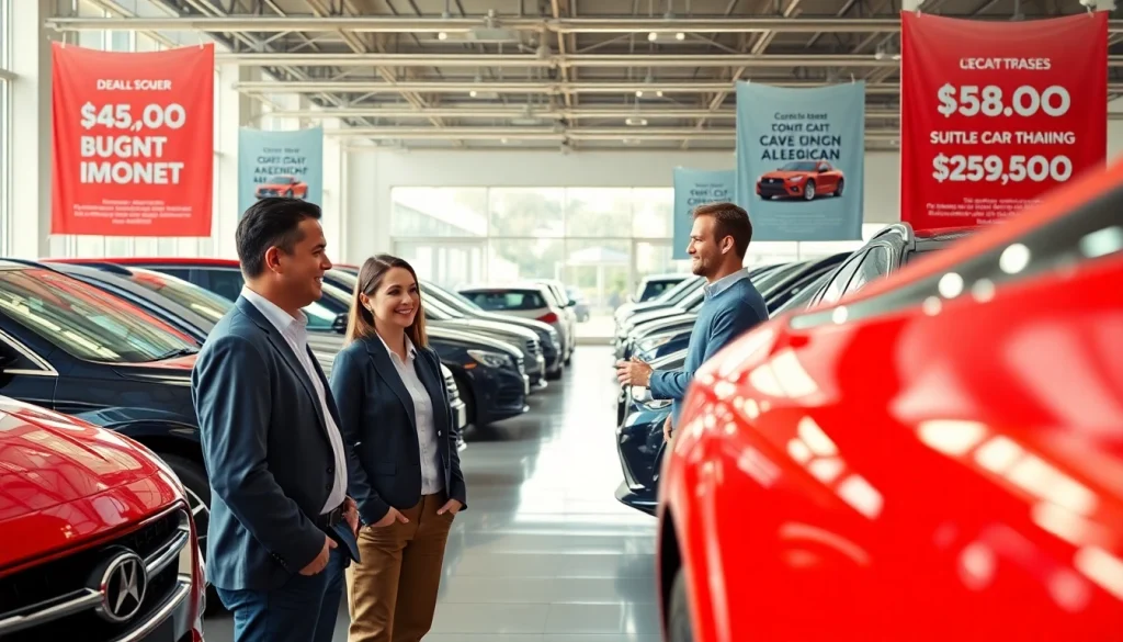Excited customer ready to buy a car in a vibrant dealership atmosphere with diverse vehicle choices.