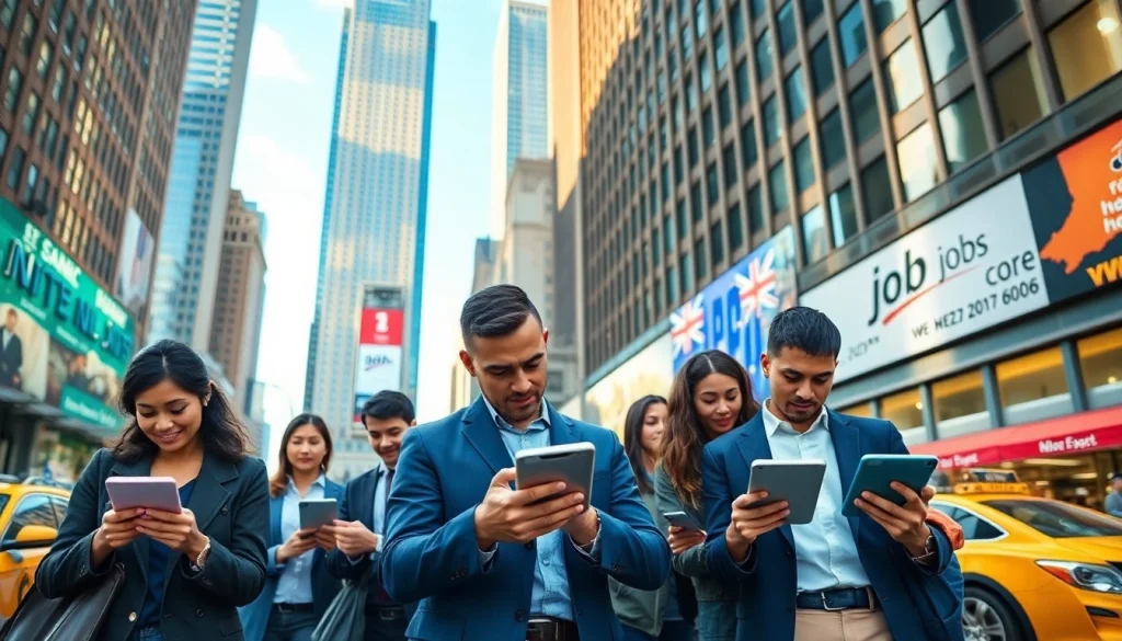 Engaged individuals searching new york jobs in a vibrant New York City setting.