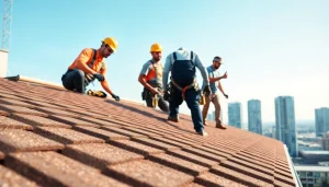 Professional roofing services team installing roofing materials in a bright urban setting.