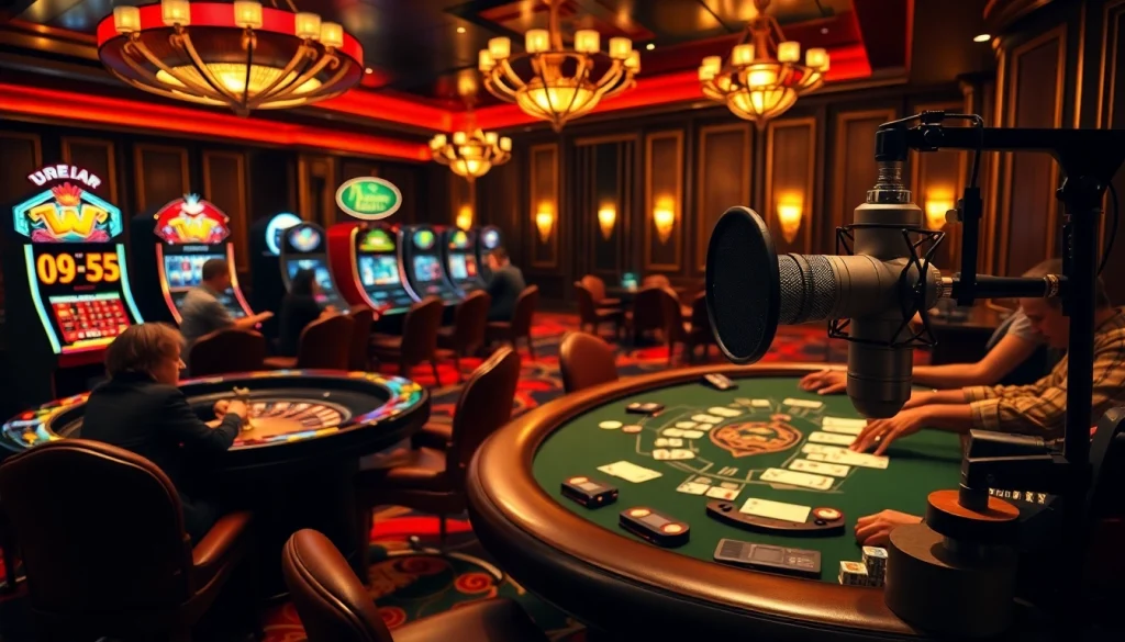 Excited gamblers playing with MV88 microphones in a luxurious casino setting.