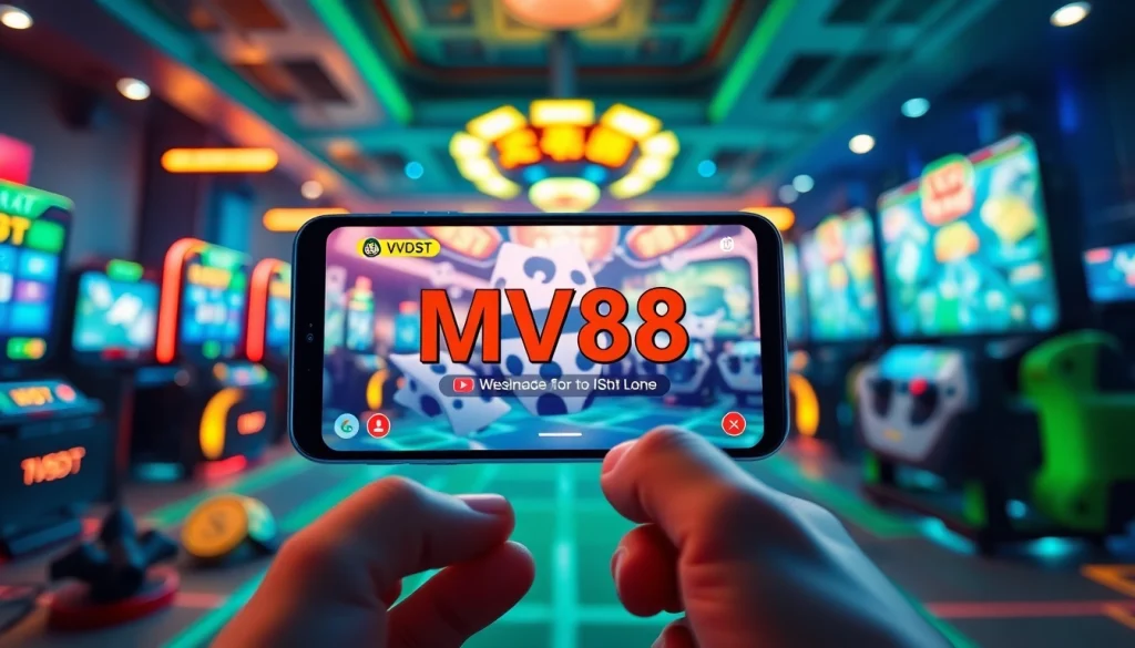 MV88 app interface displayed on a smartphone in a vibrant gaming environment.