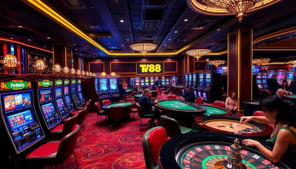 Players enjoying an exciting moment at TV88 casino, showcasing vibrant gaming elements and a luxurious atmosphere.