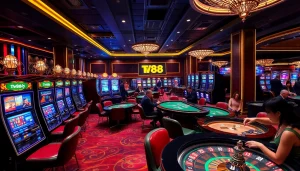 Players enjoying an exciting moment at TV88 casino, showcasing vibrant gaming elements and a luxurious atmosphere.