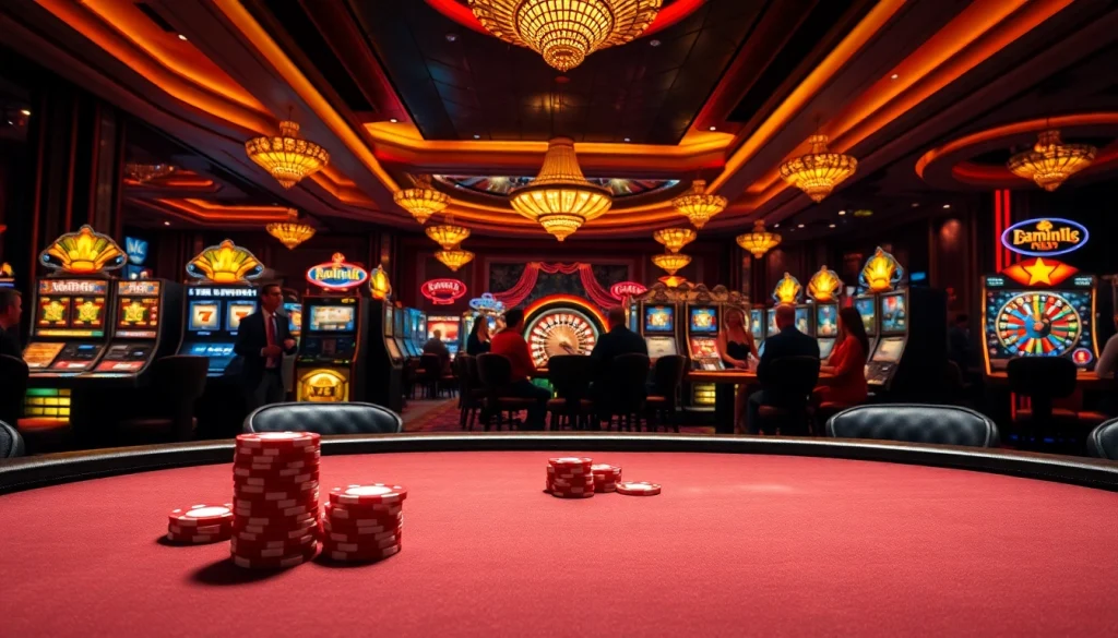 No hu poker players engage at a high-stakes table, surrounded by vibrant slot machines and roulette wheels.