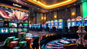Experience top-tier gaming excitement at fly88.legal with poker chips and vibrant slots.